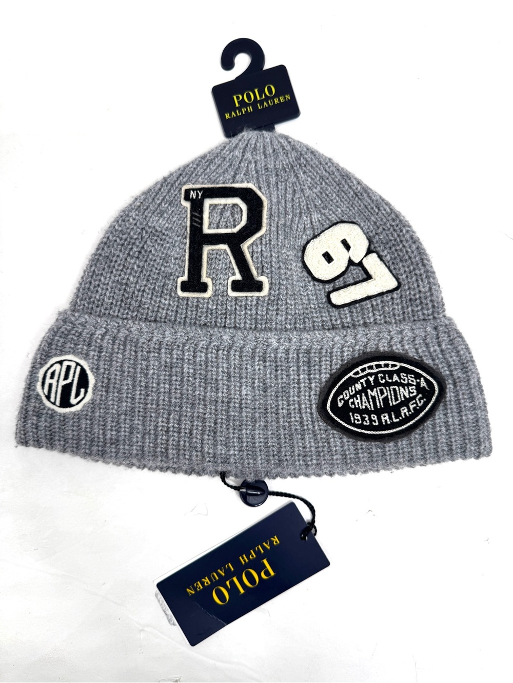 Polo Ralph Lauren Men’s Varsity RL 67 Stitched Multi Patch Knit Beanie Gray NWT